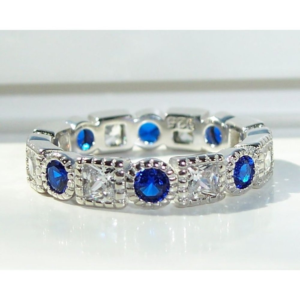 925 STERLING SILVER Blue Spinel & Clear CZ Bezel Set Eternity Band Ring - Picture 10 of 14